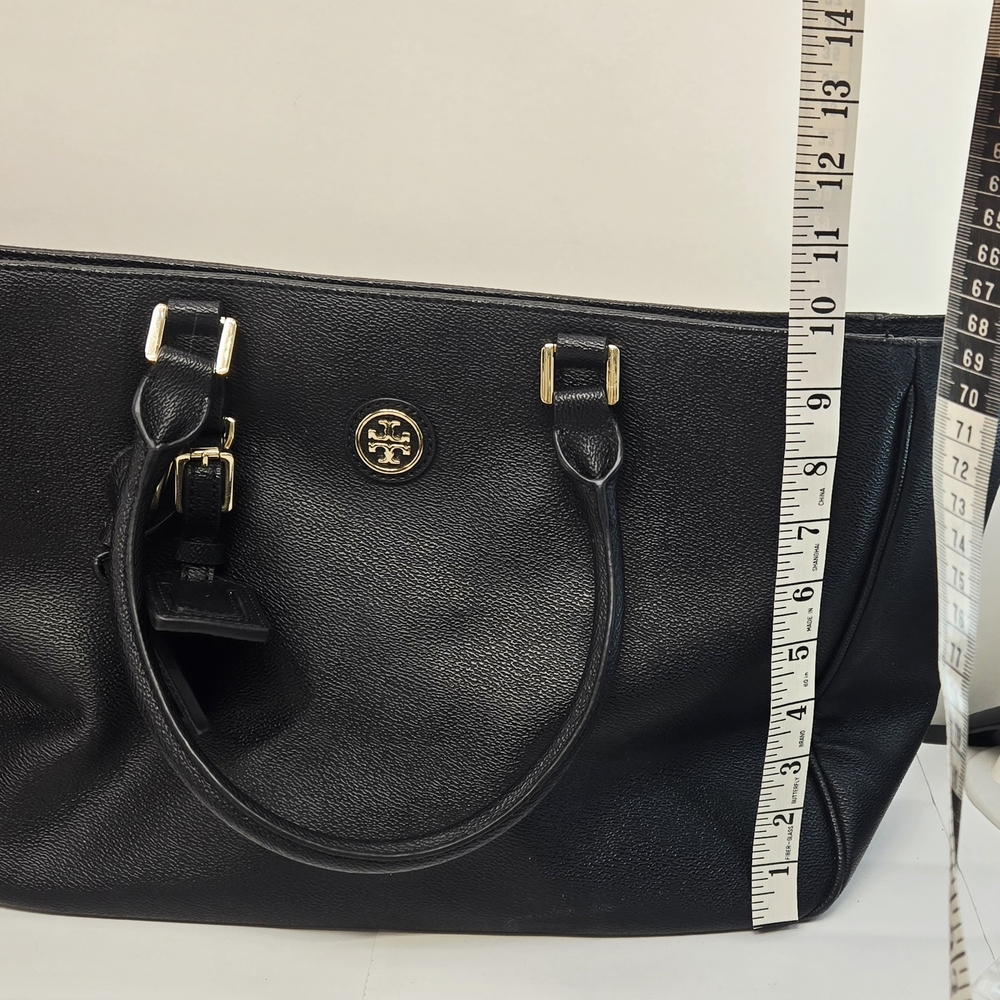 Black Leather Tory Burch Tote Bag with Gold Accents - Picture 10 of 13
